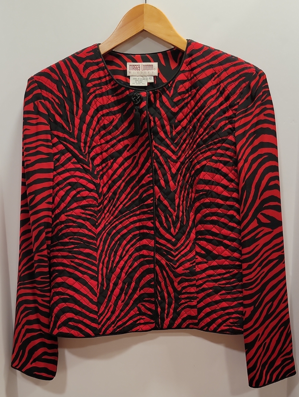 Vintage Maggie London Blouses SILK Quilted Red & Black Zebra Print Jacket Sz 12